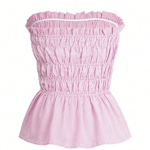 Pink Boho Womens Tropical Beach strapless Striped Bandeau Top And Shorts Set - Picture 11 of 11